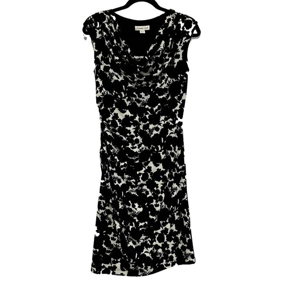 Coldwater Creek Women's Floral Scoop Neck Ruched Sheath Dress Size 4 Black White - Picture 1 of 12